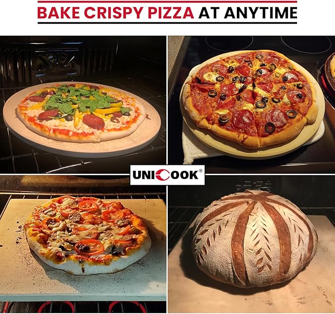 Unicook 12 Inch Round Pizza Stone, Heavy Duty Cordierite Bread Baking Stone for RV Oven, Grill and Toaster Oven, Ideal for Baking Crisp Crust Pizza, Bread, Cookies and More