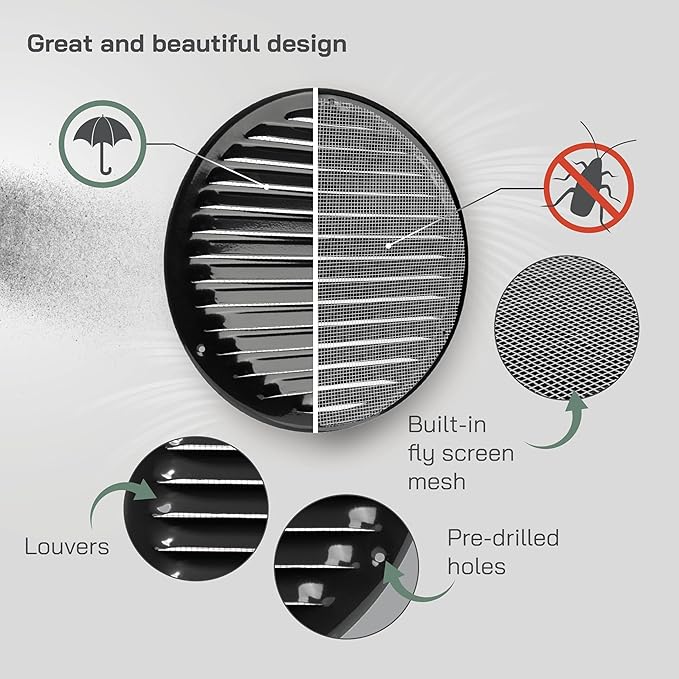 Vent Systems 8" Inch Black Round Soffit Vent Cover - Air Vent Louver with Built-in Mesh Screen – Wall or Ceiling Ventilation Grille for Intake/Exhaust HVAC Systems – Indoor and Outdoor Use