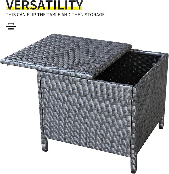 Outdoor Wicker Storage Side Table, Patio Grey PE Rattan End Table with Storage, Square Container for Furniture Covers, Toys, and Gardening Tools