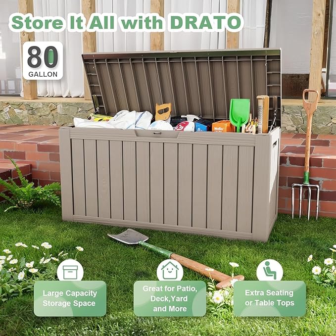 EasyUp 80 Gallon Deck Boxes Waterproof, Outdoor Large Storage Boxes with Lids, Outside Resin Storage Box & Deck Boxes for Patio, Garden Use(Gray)