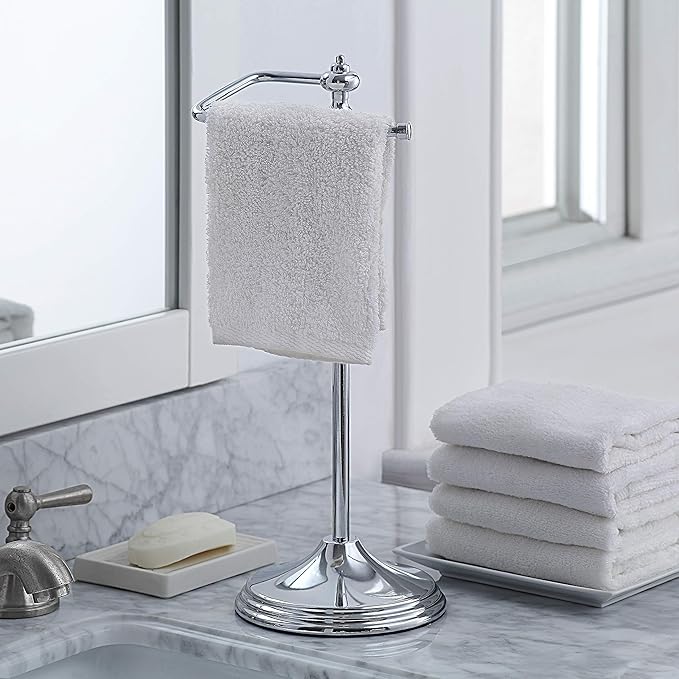 SunnyPoint Heavy Weight Classic Decorative Metal Fingertip Towel Holder Stand for Bathroom, Kitchen, Vanity and Countertops; Hanging Bar is 14.2" Height (Chrome, 15.6" x 5.6" x 5.6")