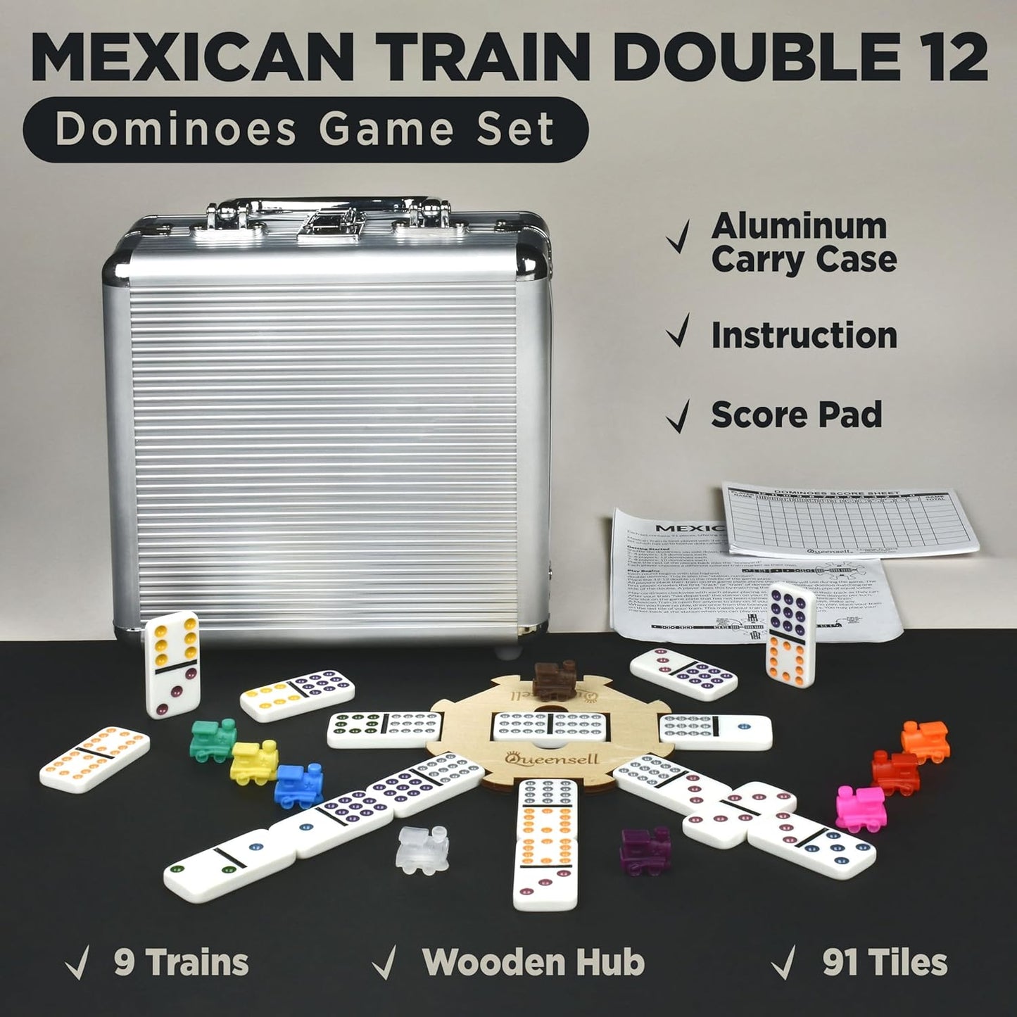 Queensell Dominoes Double 12 + Wooden Hub + Score Pad + Metal Trains