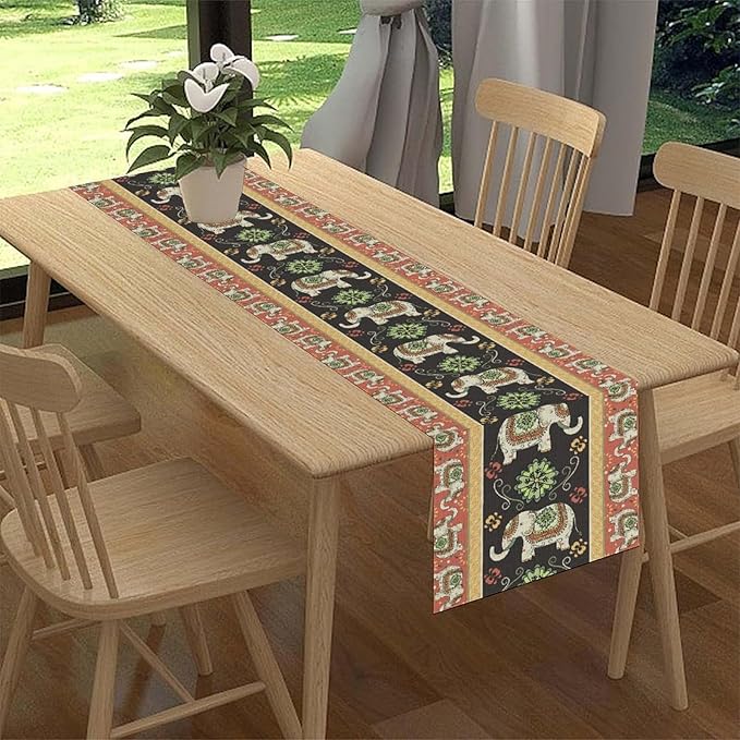 Boho Elephant Table Runner, Rustic African Tribe Indian Diwali Floral Ethnic Rustic Green Coffee Table Center Decor for Home Kitchen Dining Holiday Party Country Outdoor Table Decorations, 13"x72"