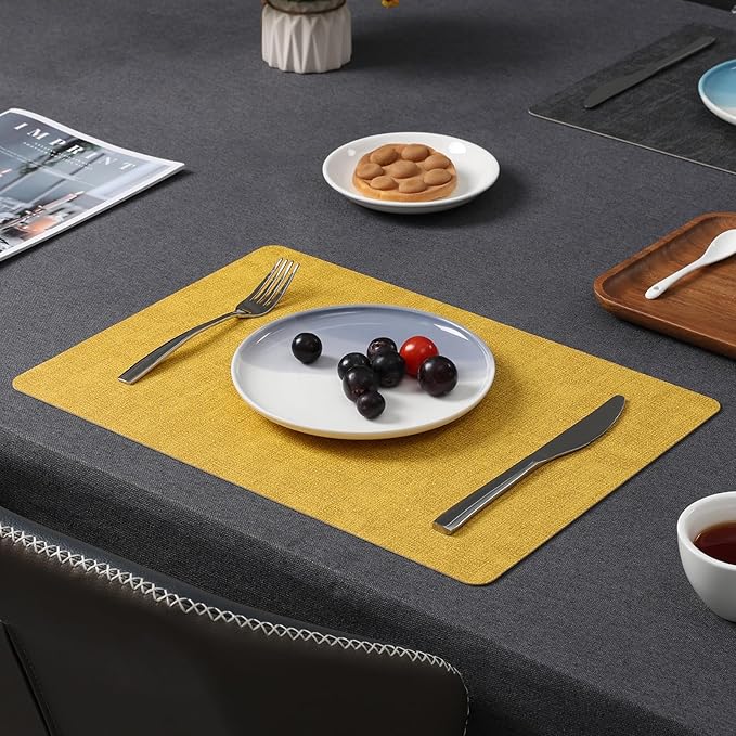 Myir JUN Placemats Dual Sided, Faux Leather Place Mats Set of 8 Indoor Placemats for Dining Table Non-Slip Washable Placemats Heat Resistant Outdoor Table Mats (Set of 8, Gray Yellow)