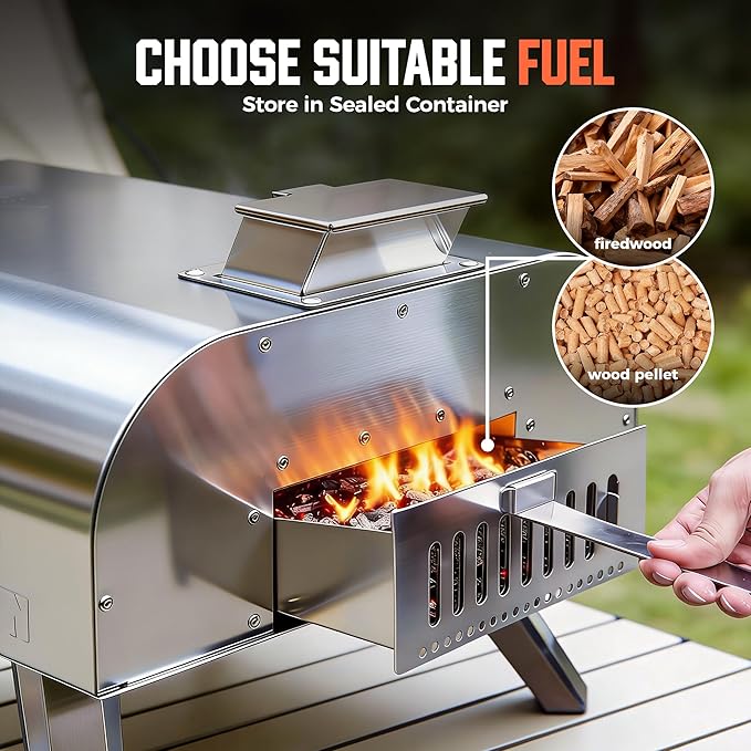 BIG HORN OUTDOORS 16" Woodfire Pizza Stone Oven, 1112°F Outdoor Stainless Pizza Cooker, Portable for Party Usage, Sliver