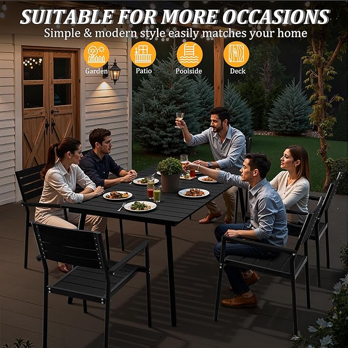 70" Patio Outdoor Dining Table for 6, Weather-Resistant Aluminum Frame with Wood-Grain Top & Umbrella Hole for Deck Gatherings, Black