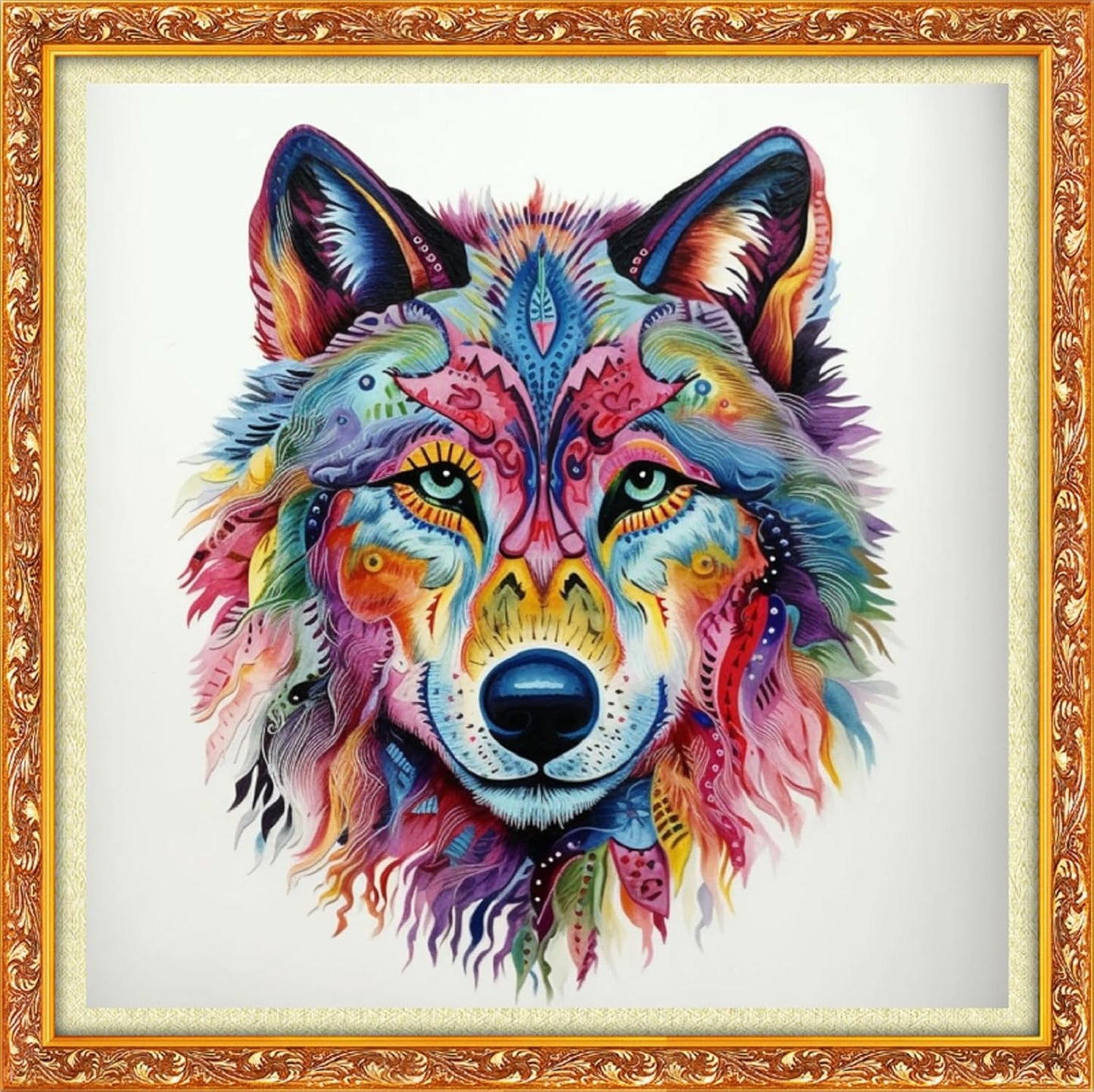 Foxhool Beginners Cross Stitch Kits Stamped Full Range of Embroidery Kits for Adults DIY Cross Stitches kit Embroidery Patterns for Needlepoint kit-Colorful Wolf 17.7x17.7 inch