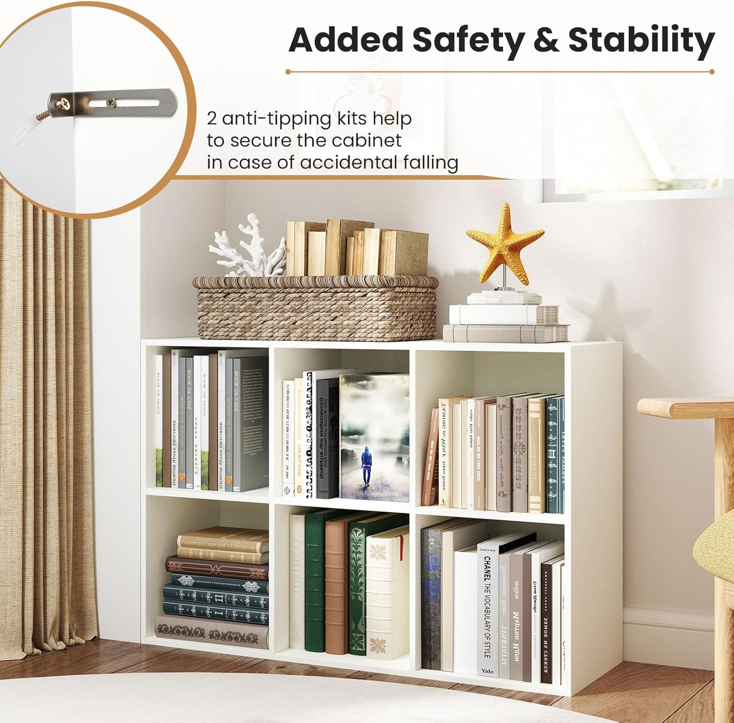 Giantex 6-Cube Bookcase, 3-Tier Cubby Bookshelf, Horizontal Vertical Display Rack with Anti-Tipping Kits, Modern Storage Organizer Shelf Unit for Bedroom, Living Room, Study Room, White