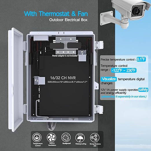 Outdoor Electrical Box, Waterproof Electrical Junction Box IP65 ABS Plastic Enclosure with Fan & Thermostat, Mounting Plate and Hinged Lid (15.7" H x 11" L x 5.9" W)