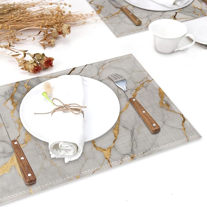 Placemats Set of 6,White Gold Marble Linen Table Mats Abstract Heat Resistant Place Mats Washable Dining Table Mats for Indoor Outdoor Kitchen Decor Easy Clean 12 x 18 Inch