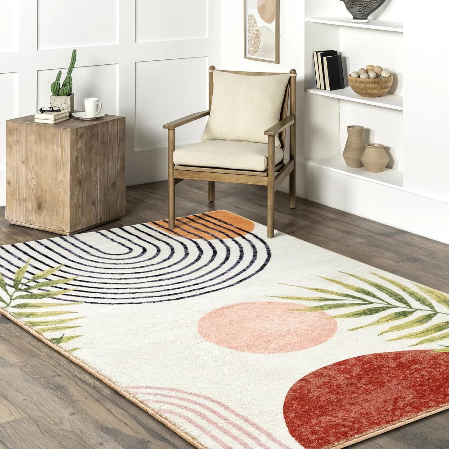 RoomTalks Mid Century Modern Washable Rug, Boho Cute Aesthetic 5x7 Area Rugs for Bedroom Dining Living Room Kitchen, Abstract Tropical Leaves Non Slip Thin Indoor Entryway Rug Accent Floor Carpet
