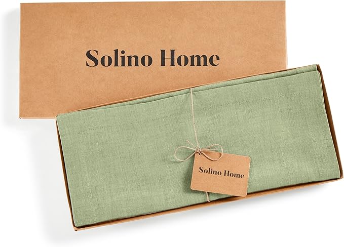 Solino Home Linen Table Runner 120 Inches Long - Athena, 100% Pure Linen Chambray Olive Table Runner 14 x 120 Inch for Dining, Spring, St Patricks Day