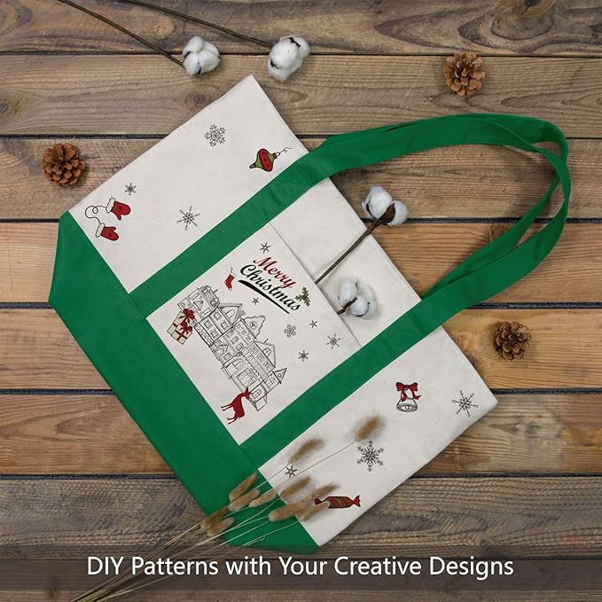 TOPDesign 3-Pack Canvas Tote Bags with an External Pocket, Reusable Grocery Shopping Bags, Top Zipper Closure, Daily Essentials (Green/Natural)