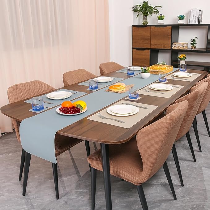 Myir JUN Table Runner Double Sided Vinyl Runner Table 55 Inch Long Runner for Table Washable Waterproof Non-Slip for Home Decorations Camel Yellow Light Blue,12 x 55 inch
