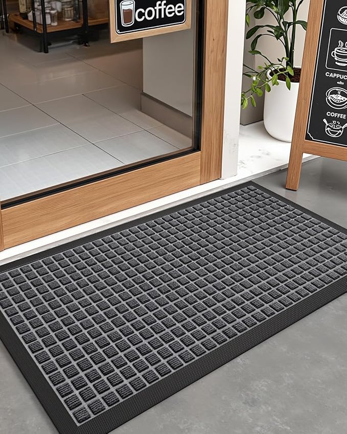 DEXI Front Door Mat Outside Entrance, 17x29 Rubber Entry Doormat Heavy Duty, Welcome Mats Non Slip for Inside House Floor Entryway Double Doors Exterior Patio, Checkered Grey