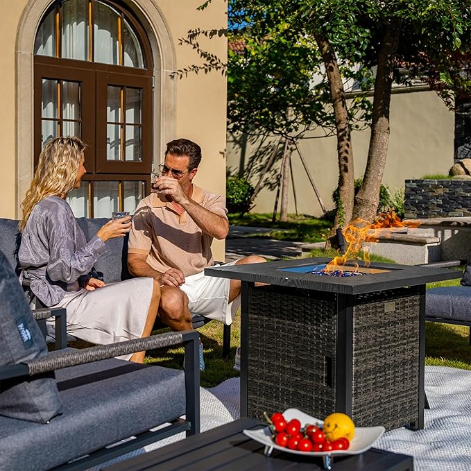 Sundale Outdoor 28 Inch Outdoor Fire Pit Table, 50000 BTU Propane Fire Pits with Rain Cover, Glass Stones and Lid, Wicker Gas Fire Pit for Outside Patio and Garden, CSA-Listed