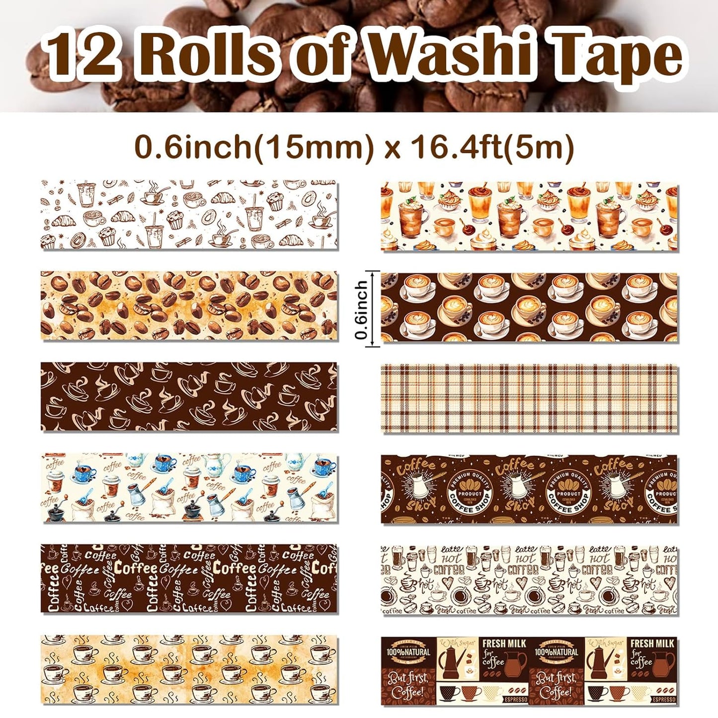 12 Rolls Coffee Washi Tape Set, Vintage Coffee Decorative Tapes, Retro Brown Watercolor Cafe Masking Tape for Journaling, Scrapbooking, Planner, DIY Arts Crafts Supplies, Gift Wrapping 16.4FT