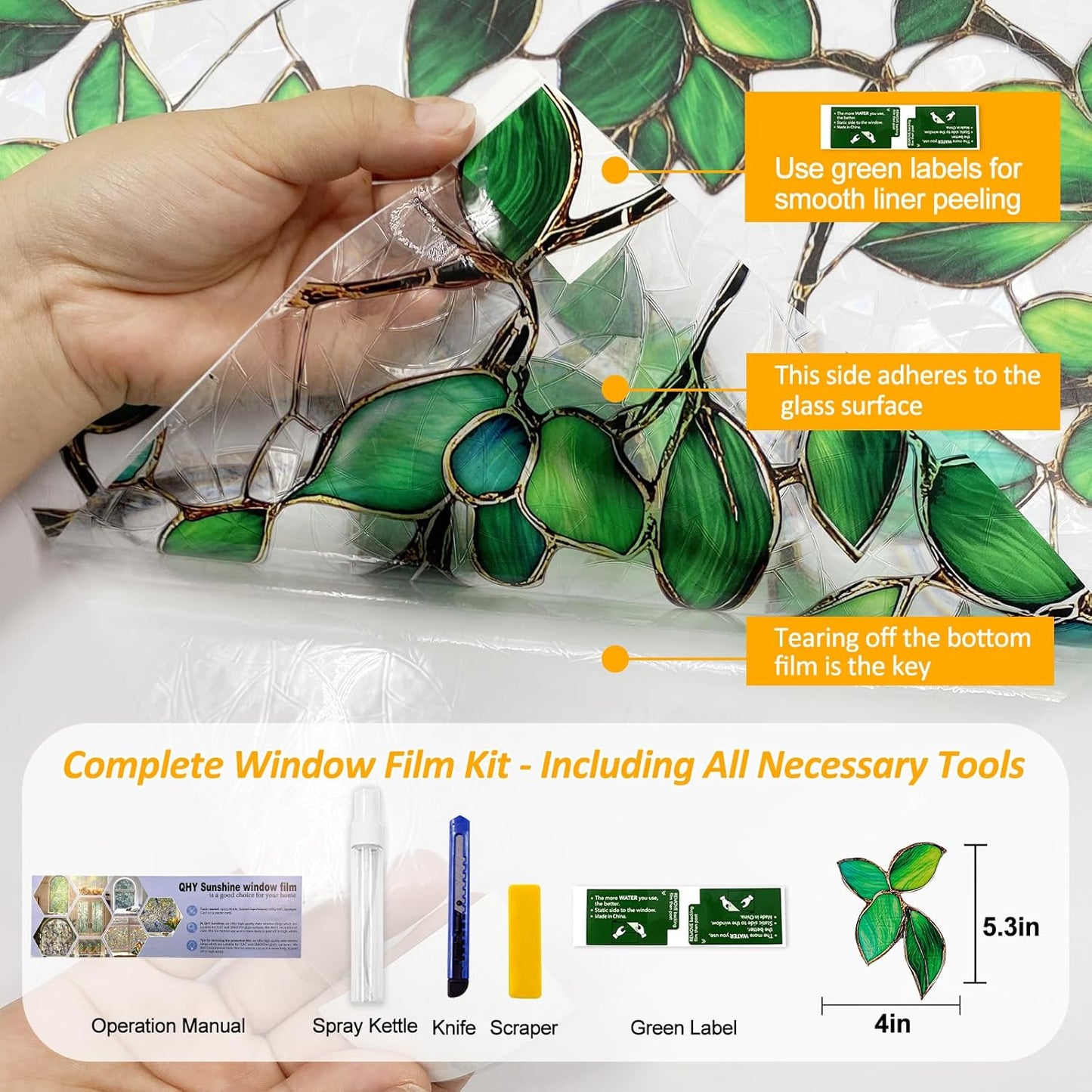 Window Privacy Film Stain Glass Window Film Rainbow Window Film Window clings Non-Adhesive Reusable Decorative for Room (Green Rainbow, 45.2 X 157.4 in)