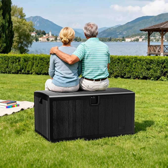 JEKO&JEKO 75 Gallon Outdoor Storage Box, Large Plastic Deck Box with Lockable Lid for Patio Furniture, Garden Tools, Outdoor Cushions and Shoes, Black