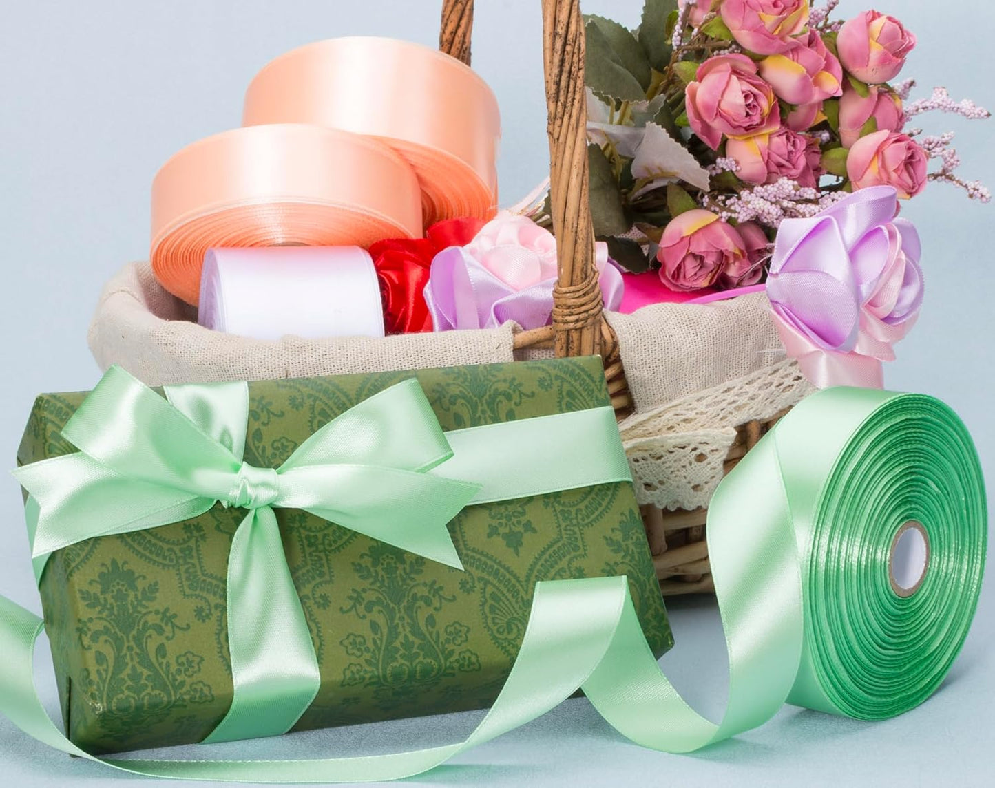1 Inch Mint Green Solid Satin Ribbon, 50 Yards Craft Fabric Ribbon for Gift Wrapping Floral Bouquets Wedding Party Decoration