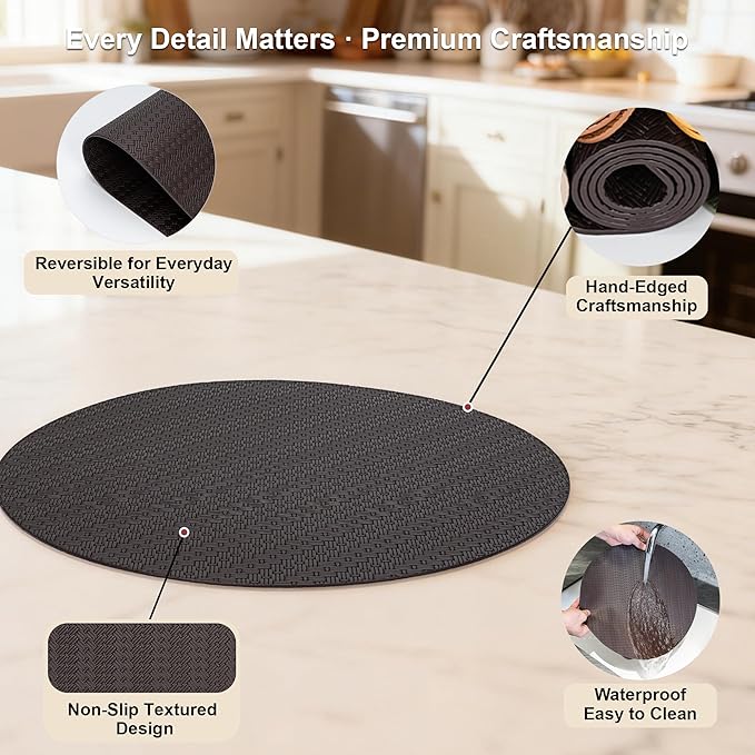 Round Faux Leather Placemats Set of 4 – 13 Inch Vinyl Table Mats, Heat Resistant, Non Slip, Wipeable & Washable, Easy to Clean Dining Table Decor for Kitchen & Dining（Dark Brownish Black）
