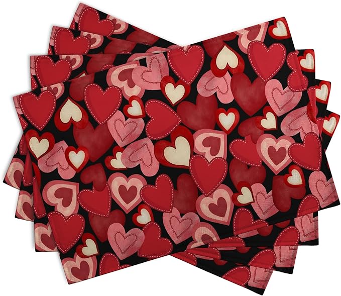Valentines Day Love Hearts Placemats Set of 4 Valentine Red Black Heart Linen Table Mats Spring Wedding Anniversary Washable Place Mats for Outdoor Home Party Kitchen Dining 12x18 Inch