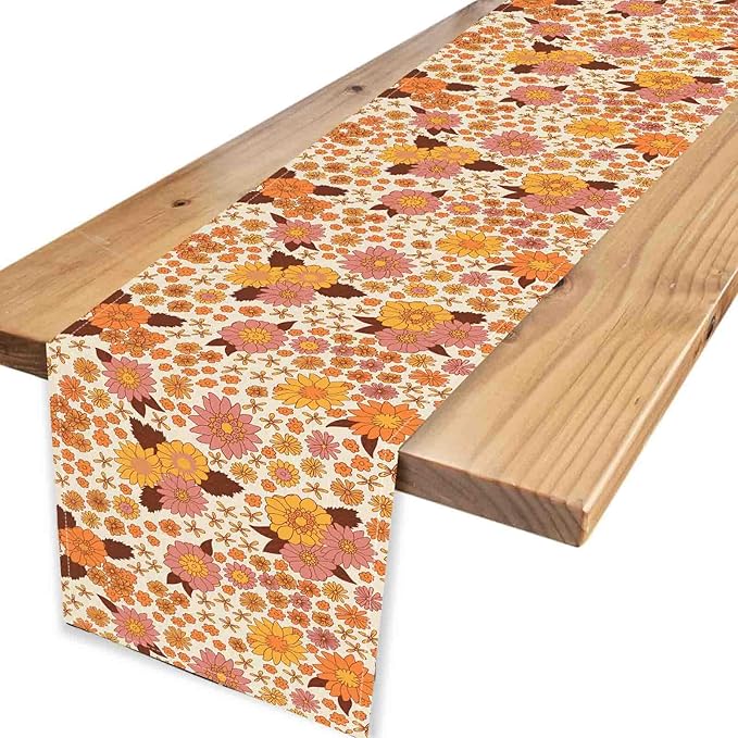 Groovy Floral Table Runner, Retro 70s Hippie Floral Funky Orange Floral Trippy Coffee Table Center Decor for Home Kitchen Dining Patio Holiday Party Indoor Outdoor Table Decorations, 13"x108" Inch