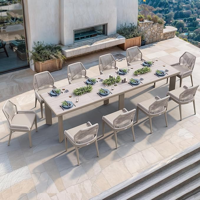 PURPLE LEAF 11 Pieces Patio Dining Set Aluminum Modern Rectangular Table and Wicker Chairs with Cushions for Kitchen Porch Garden Outdoor Furniture Sets, Champagne