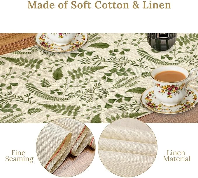 Green Leaves Table Runner,Spring Summer Herbs Botanical Natural Plants Print Table Runner for Kitchen Dining Table Farmhouse Home Party Decor 13x70in