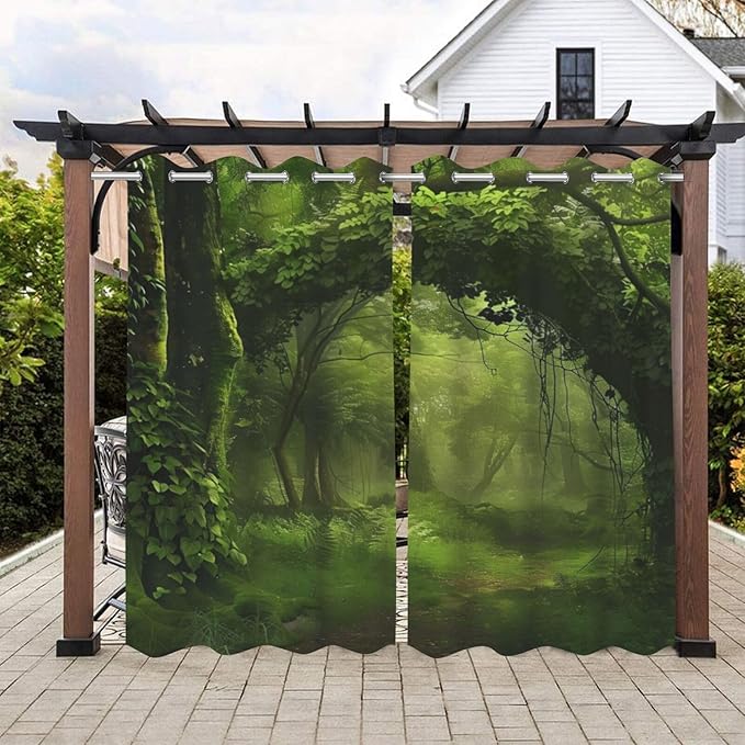 Nature Theme Outdoor Curtains for Patio Waterproof,Forest Pattern,UV and Fade Resistant Outside Curtains for Gazebo, Front Porch, Pergola,Set of 2 Panels,W42 x L84,Green