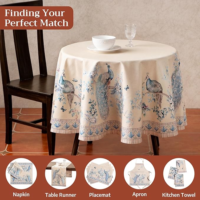 Maison d' Hermine Premium Table Cloth Round Table 100% Combed Cotton 70" Diameter Inches Tablecloth Reusable Decorative for Dining Room, Home, Party, Festive & Wedding - Peacock Utopia - Sandy Beach