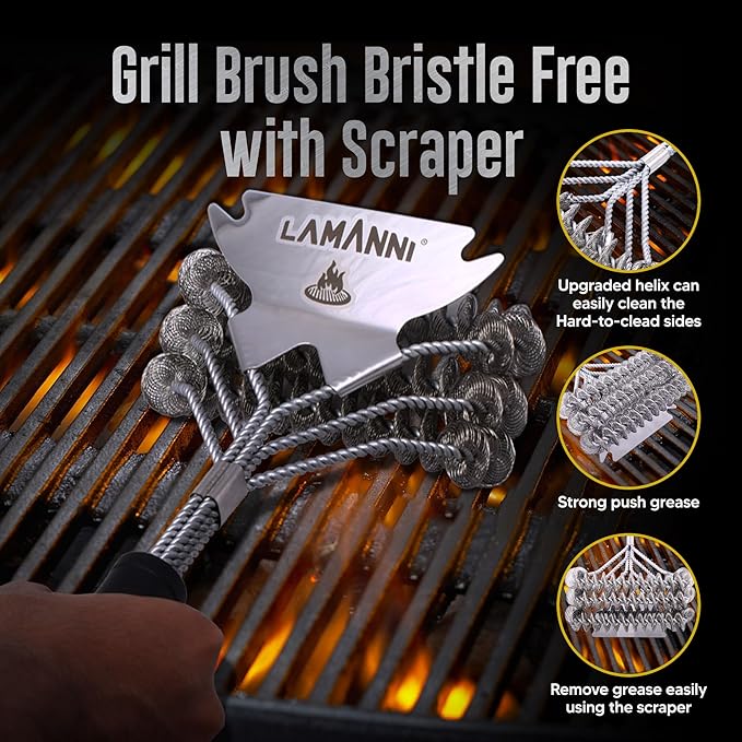 BBQ Grill Brush and Scraper 18” Heavy Duty Stainless Steel Grill Cleaner for Gas, Charcoal & Electric Grills Safe, Rustproof, Bristle-Free BBQ Cleaning Brush