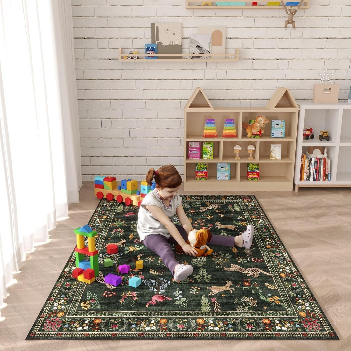 Rugcomf Area Rug 4x6 Rug Washable Boho Rugs Non Slip Low Pile Floral Animal Small Carpet for Bedroom, Bedside, Kids Room, Office, Dining Room (Green)