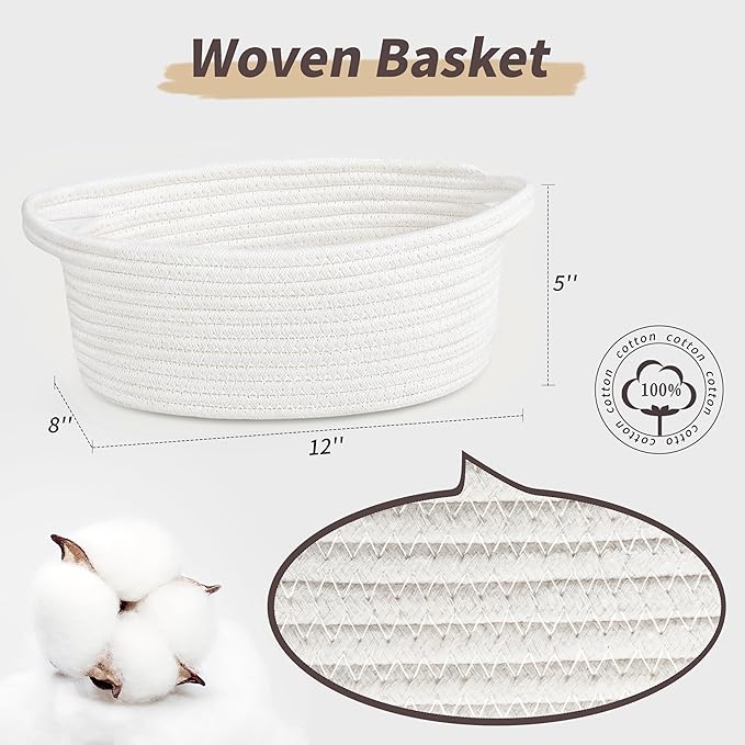 Pro Goleem Small Woven Burr Basket with Gift Bags and Ribbons Durable Baskets for Gifts Empty Small Rope Basket for Storage 12"X 8" X 5" Baby Toy Baskets with Handles, White