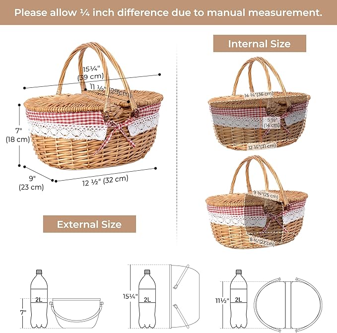 GRANNY SAYS Picnic Basket, Wicker Basket with Lid, Woven Cute Basket with Handle, Storage Basket with Washable Lining & Dual-Flid Lid, Natural Willow Picnic Hamper, Red Lining