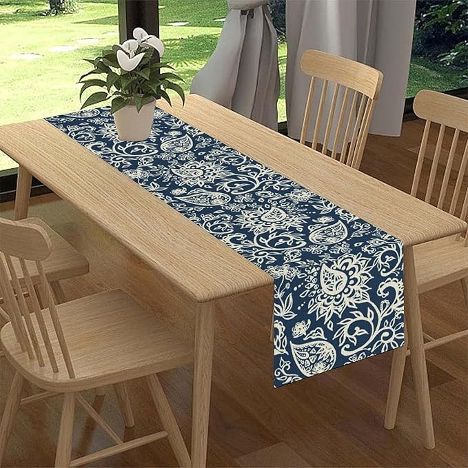 Blue Paisley Table Runner, Vintage Damask Antique Floral Flower Boho Damask Swirled Rustic Coffee Table Center Decor for Family Kitchen and Living Room Outdoor Table Decorations, 13"x108"