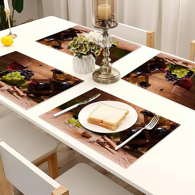 Red Wine Grapes Placemats for Dining Table Set of 6,Glass Cup Place Mats for Home Party Kitchen Indoor Holiday Rustic Washable Heat Resistant Table Mats 12 x 18 Inch