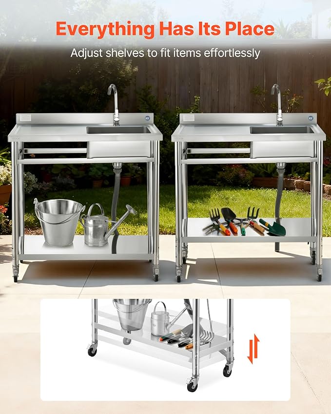 VEVOR Stainless Steel Utility Sink, Rolling Single Bowl Commercial Kitchen Sink with Wheels,Faucet and Hot & Cold Water Pipe,Utility Basin Workbench for Garage Restaurant Laundry 39.4 x 19.7 x 41.5 in