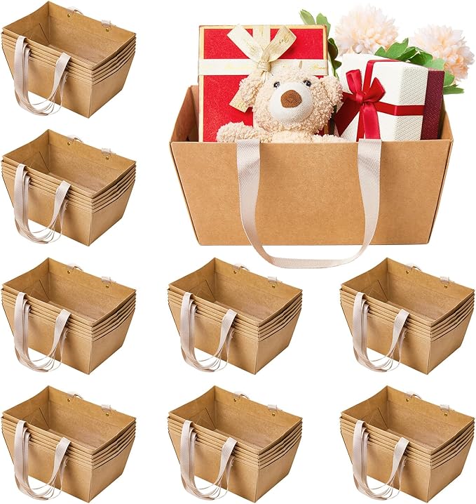 Pinkunn 48 Pcs Basket for Gifts Empty DIY Bulk Gift Basket Kit with Handles Kraft Cardboard Tray for Wedding Baby Shower Graduation Party Anniversary Party Display(Brown)