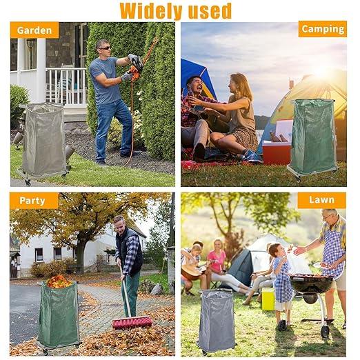 4-Wheel Trash Bag Holder, Outdoor Metal Leaf Bag Holder Stand, Garbage Bag Frame Holder, Mobile Trash Bag Holder, Adjustable Lift, Hand Welded Metal Stainless Steel Bag Support Column Frame