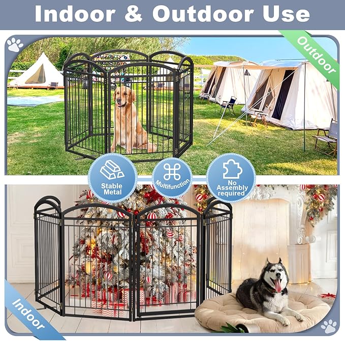 Full Metal Free Standing Dog Gate with Door for Indoor Outdoor, 144'' Extra Wide 36'' Tall Dog Gate for Doorways,Large Openings,Decks,Freestanding Portable Pet Fence(6 Panels,Black)