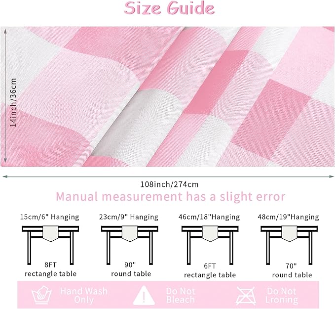 Fabric Checkered Table Runner 6 Pack Waterproof Gingham Table Runner 14W x 108L Buffalo Check Table Runners for Parties Kitchen Dining Wedding Banquet (Pink and White)