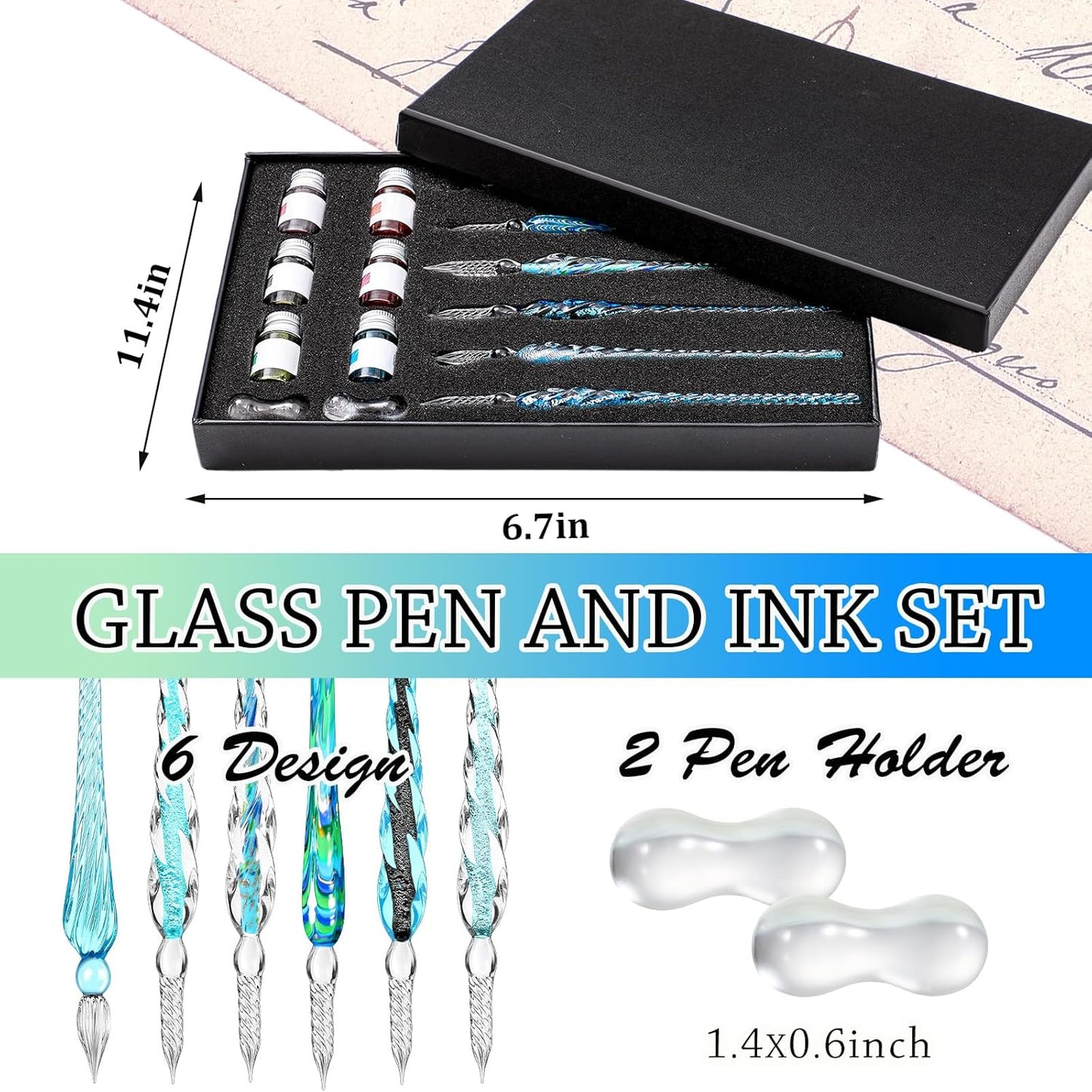 Zonon Glass Dipped Pen Ink Set 14 Pcs Include 6 Pcs Glass Dip Pen, 6 Colorful India Ink and 2 Holder Crystal Signature Calligraphy for Art, Writing, Signatures, Gift(Blue Color System)