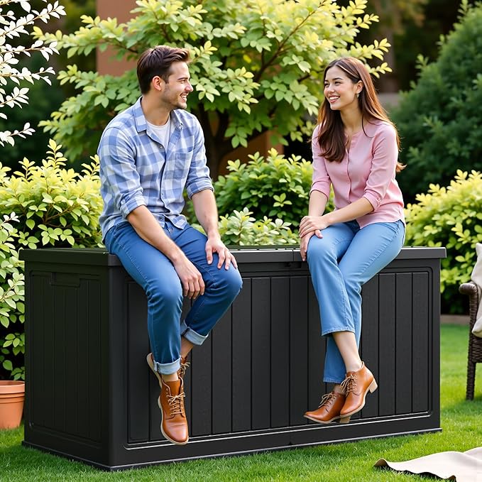 Flamaker Resin Deck Box 270 Gallon, Waterproof Imitation-Wood Lockable Storage Box with Separator Plate Outdoor Indoor, Garden, Patio Furniture for Tools&Pool Accessories (Black)