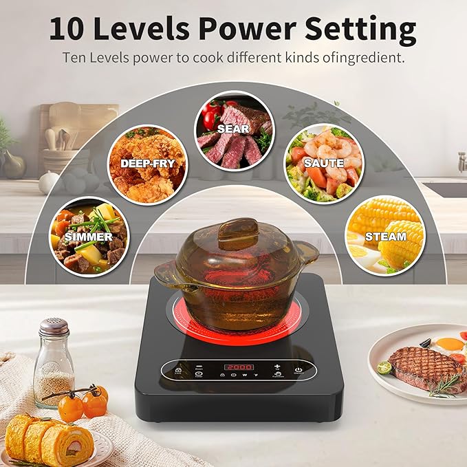 VBGK Single Burner Electric Cooktop,110V 1800W Electric Stove Top with LED Touch Control,10 Power Levels, 4 hTimer, Safety Lock,Portable cooktop,Overheat protection