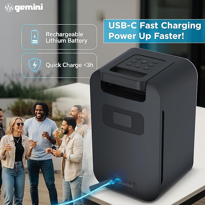 Gemini Portable Bluetooth Party Speaker with LED Lights - 600W Peak Power, 6Hr Battery, IPX5 Waterproof, USB/AUX/FM Radio for Outdoor BBQ Pool Parties (GNV-60)