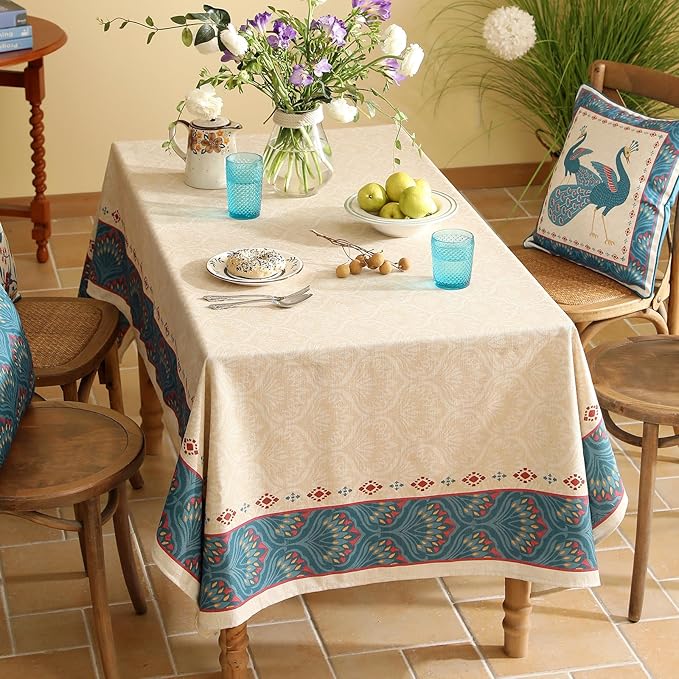 Vintage Beige Linen Extra Long Rectangle Tablecloth,Paisley Farmhouse Feather Pattern Table Cloth,Decor Table Cover for Kitchen,Dining,Thanksgiving,Christmas,63"*110"-Dorodango F
