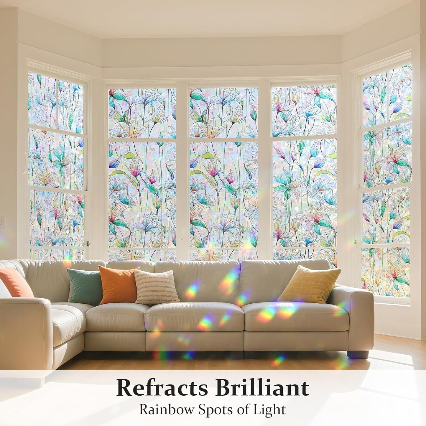 Donox Decorative Window Privacy Film, 3D Floral Stained Glass Window Film Static Cling Rainbow Privacy Sticker for Glass Door Heat Control Anti UV, No Adhesive (Magnolia,17.5 x 78.7 inches)