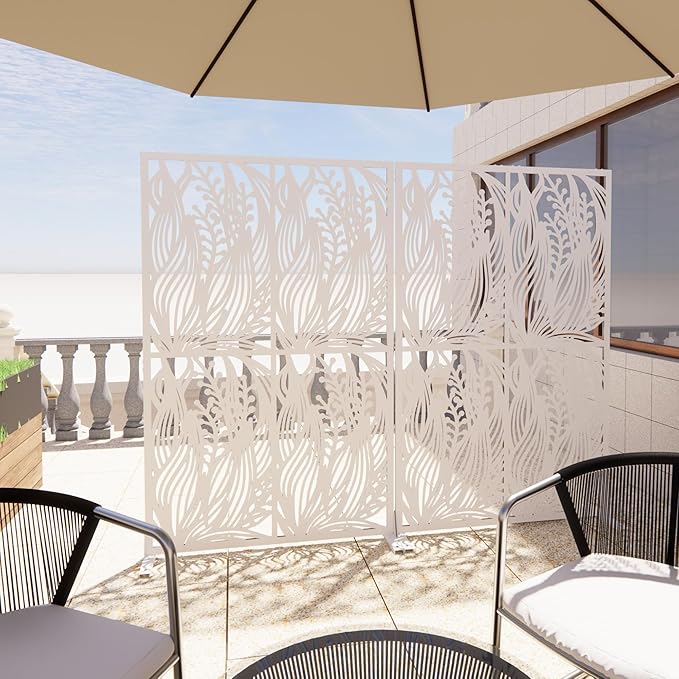 Metal Privacy Screen Room Divider 72" H x 45.3" W, Free Standing Decorative Panel with Bird Design for Indoor Outdoor Use, Black Iron Partition for Patio Balcony Garden (Leaf White)