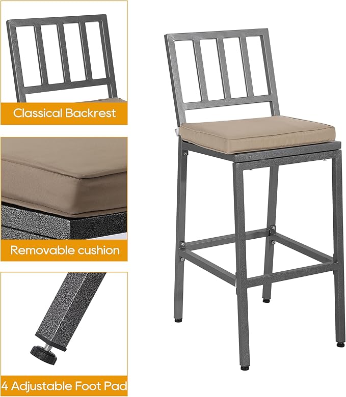 Outdoor Patio Bar Set, Bar Height Patio Dining Set, Weather-Resistant Bistro Counter Pub Set with Cushions & Slatted Tabletop for Backyard (Gray, 47" Table, 2 "I Style Stool)